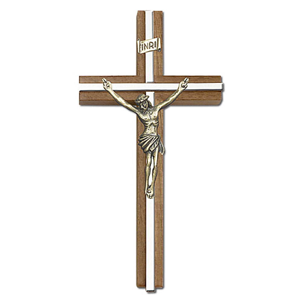 6 inch Antique Gold Crucifix, Walnut w/ Polished Silver Finish inlay - 5090G/S