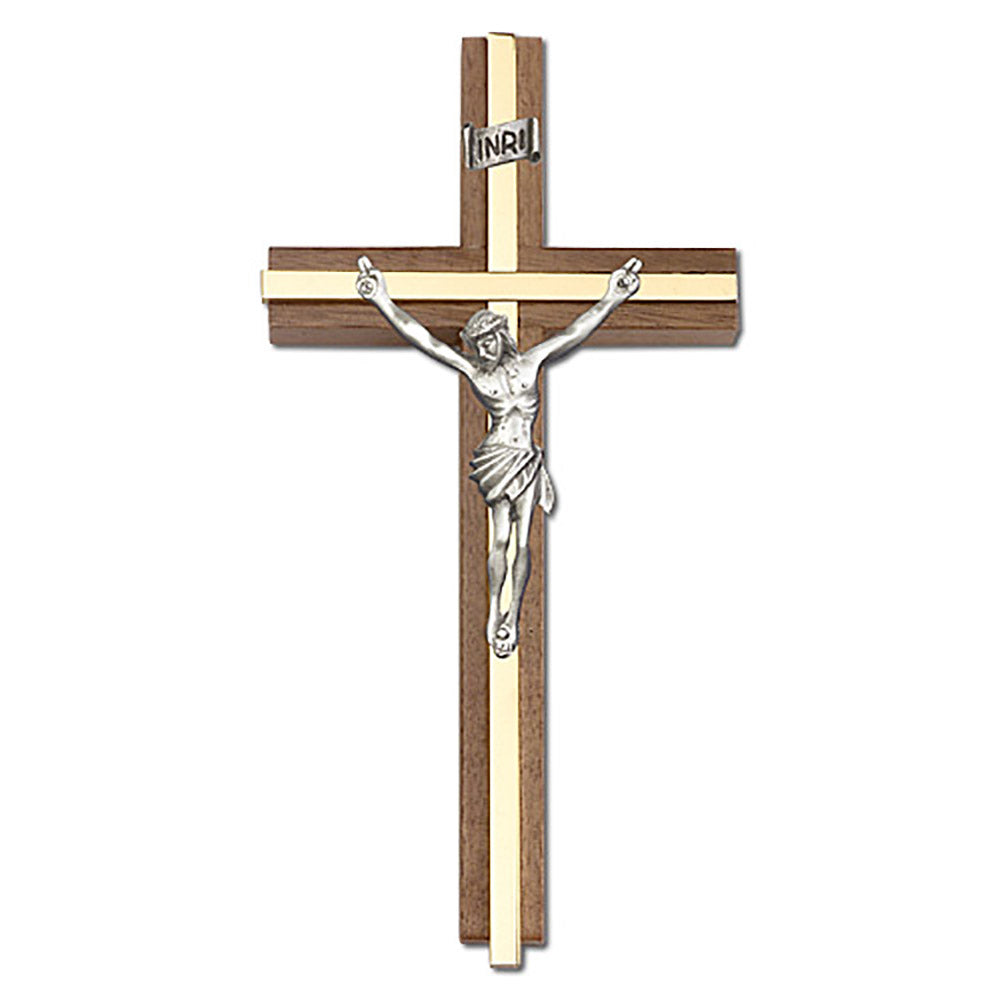 6 inch Antique Gold Crucifix, Walnut w/ Polished Brass inlay - 5090G/G