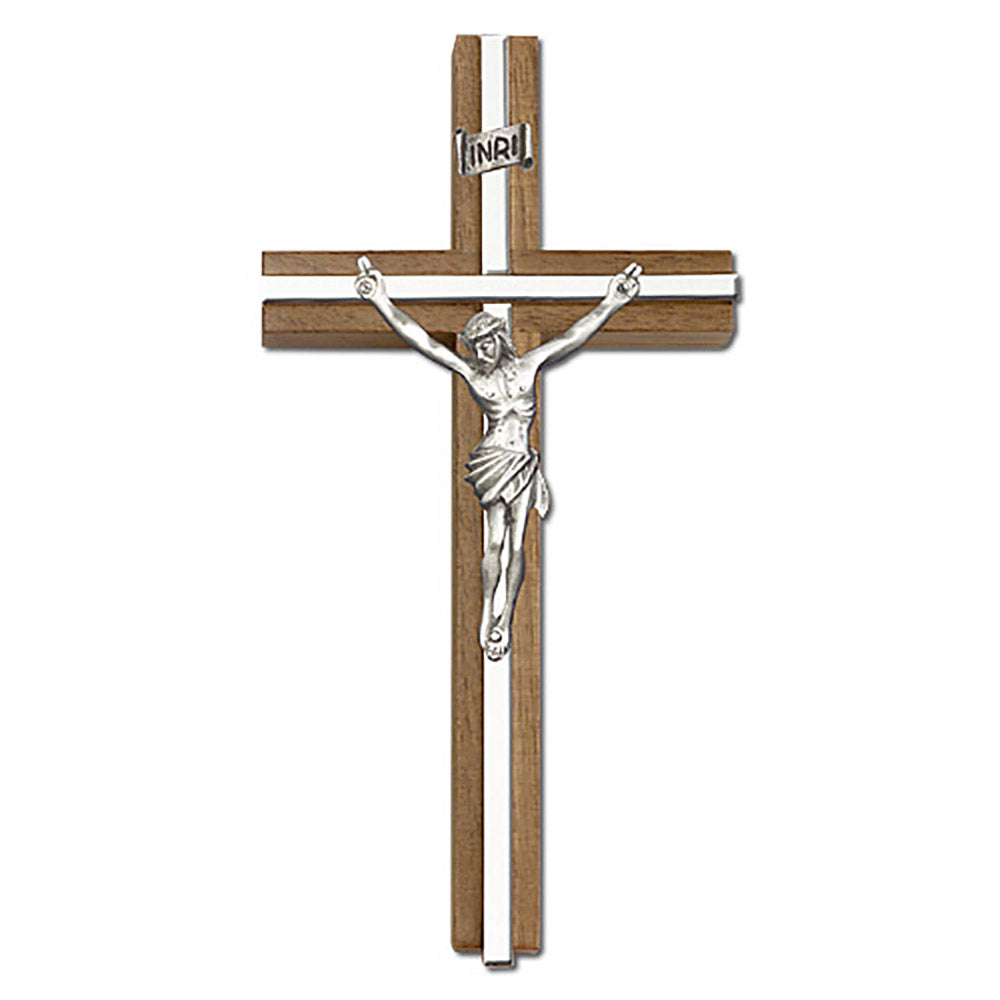 6 inch Antique Silver Crucifix, Walnut w/ Polished Silver Finish inlay - 5090S/S