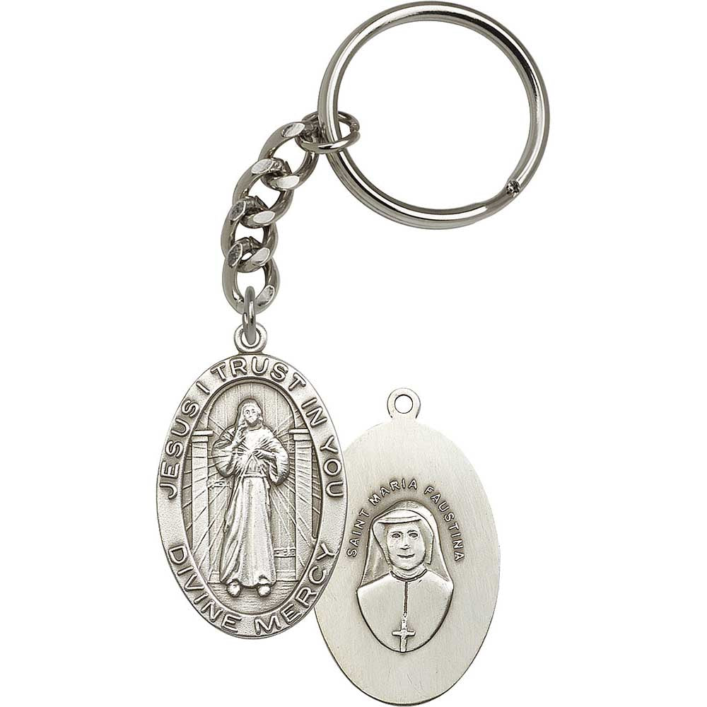 Antique Silver Divine Mercy Keychain - 5874