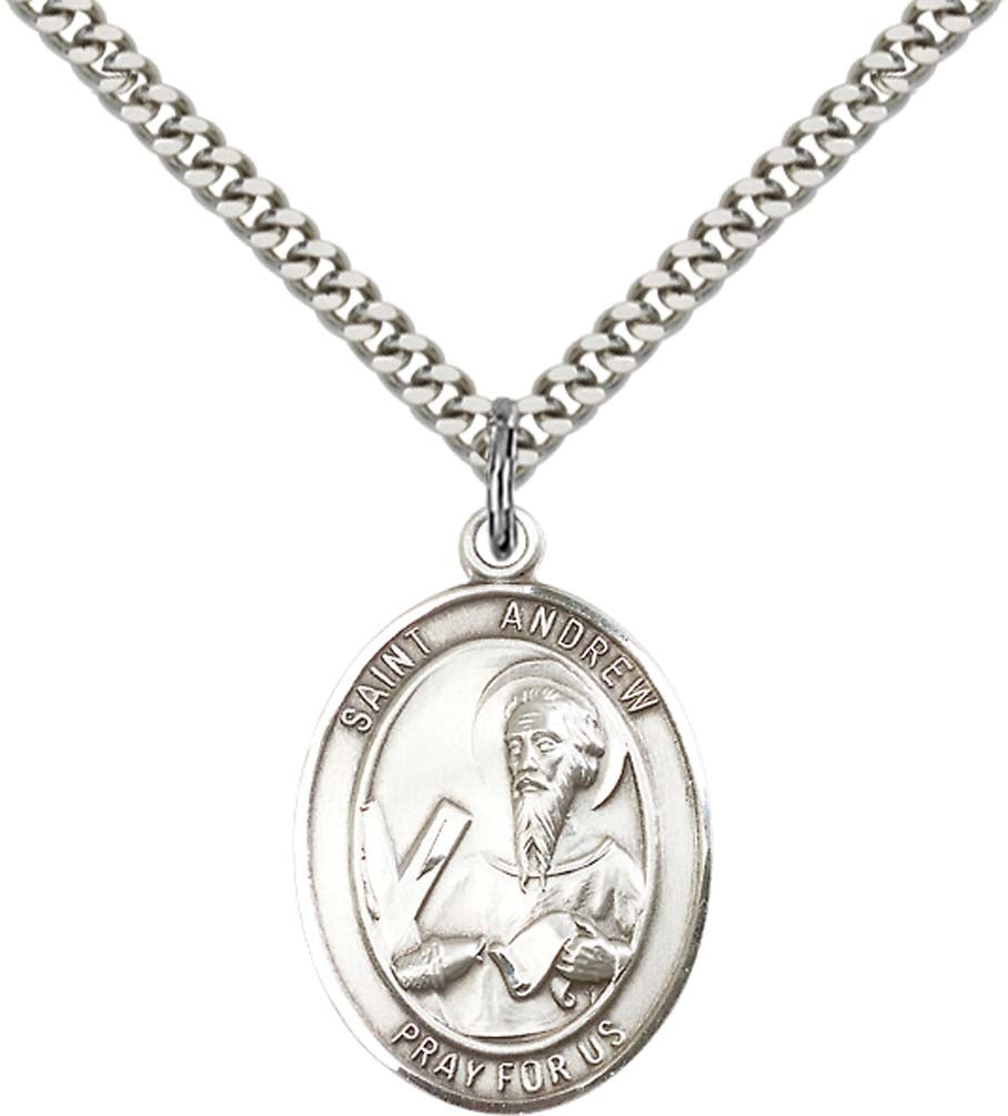 Sterling Silver St. Andrew the Apostle Pendant with 24 Inch Light Rhodium Heavy Curb Chain