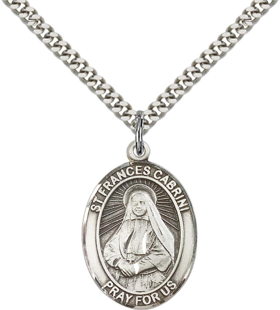 Sterling Silver St. Frances Cabrini Pendant with 24 Inch Light Rhodium Heavy Curb Chain