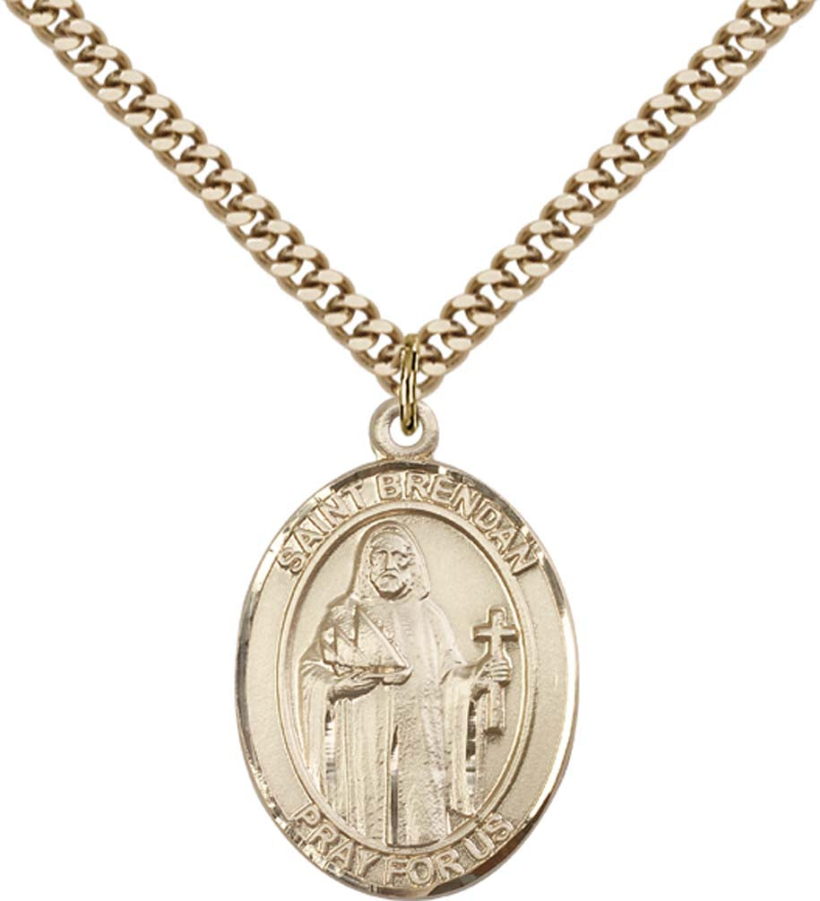 14kt Gold Filled St. Brendan the Navigator Pendant with 24 inch Gold Plate Heavy Curb Chain