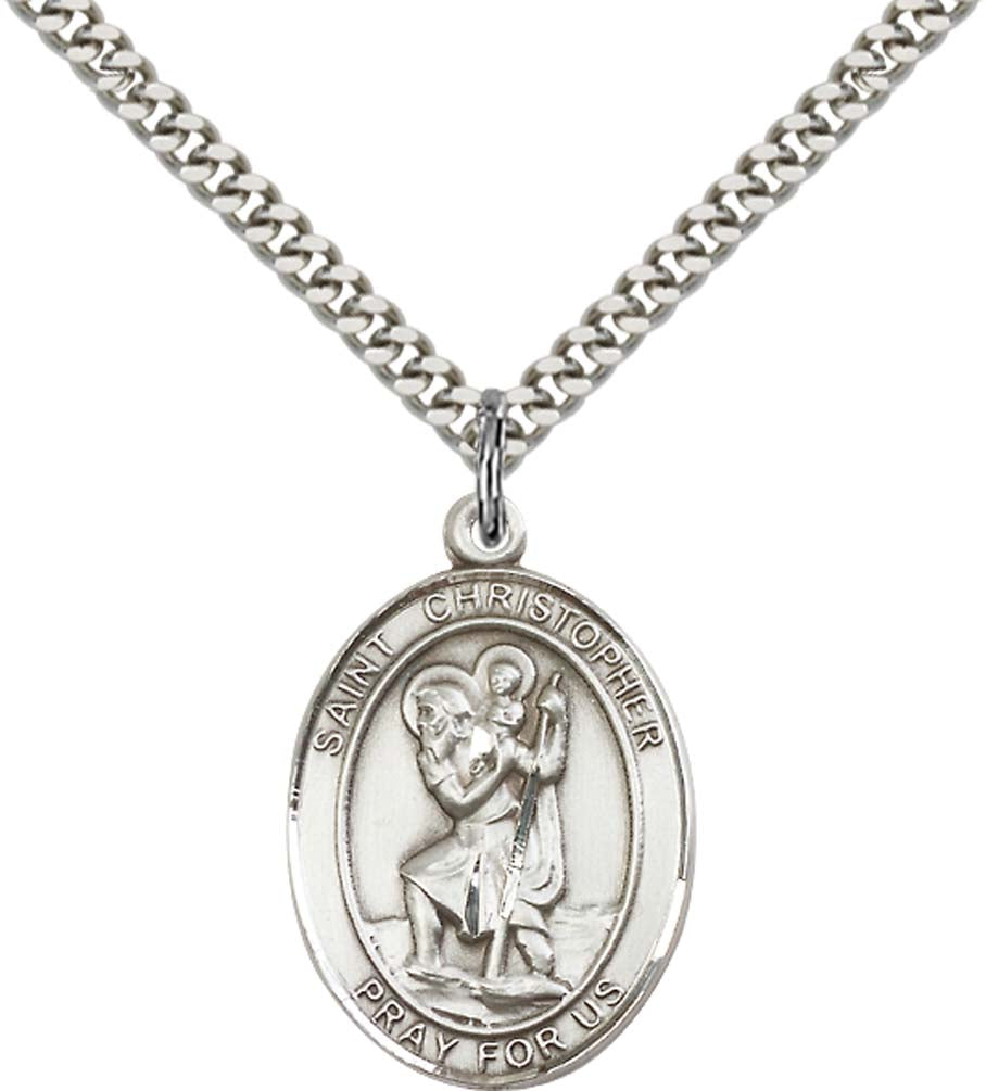 Sterling Silver St. Christopher Pendant with 24 Inch Light Rhodium Heavy Curb Chain - Large