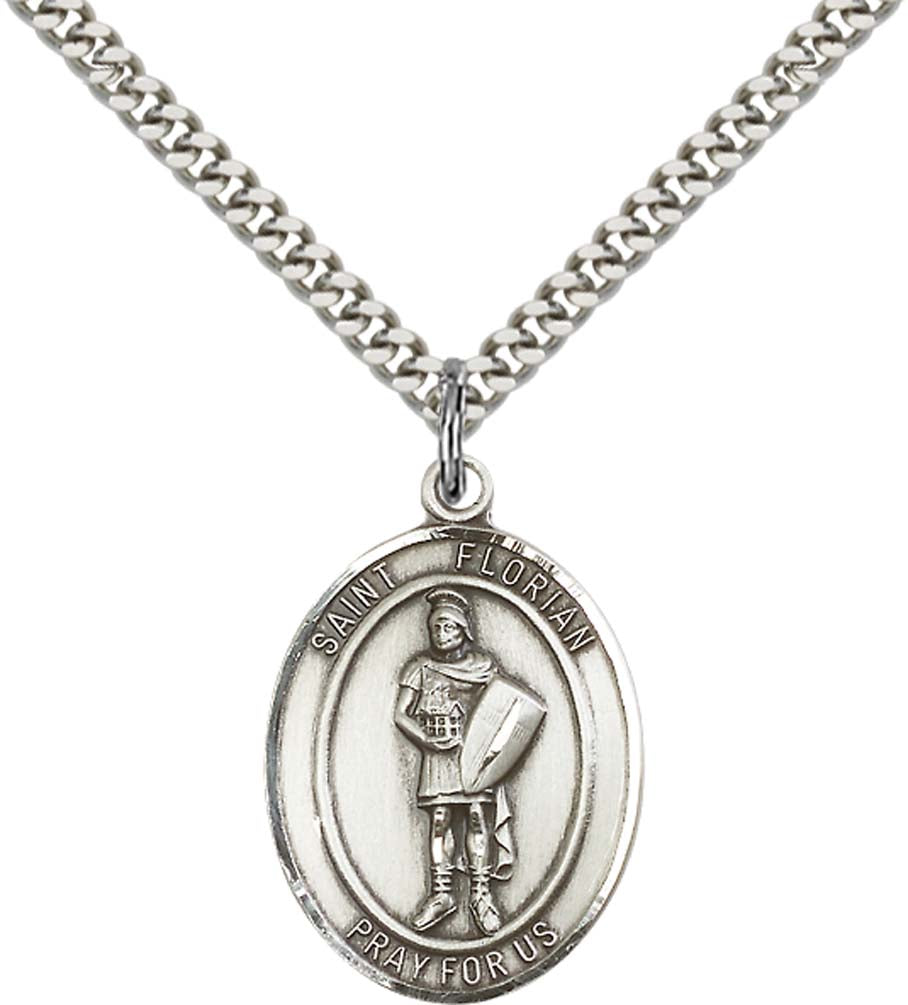 Sterling Silver St. Florian Pendant with 24 Inch Light Rhodium Heavy Curb Chain