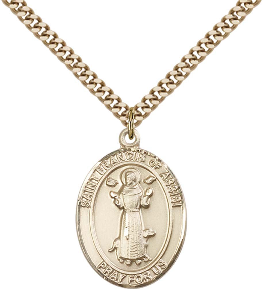14kt Gold Filled St. Francis of Assisi Pendant with 24 inch Gold Plate Heavy Curb Chain