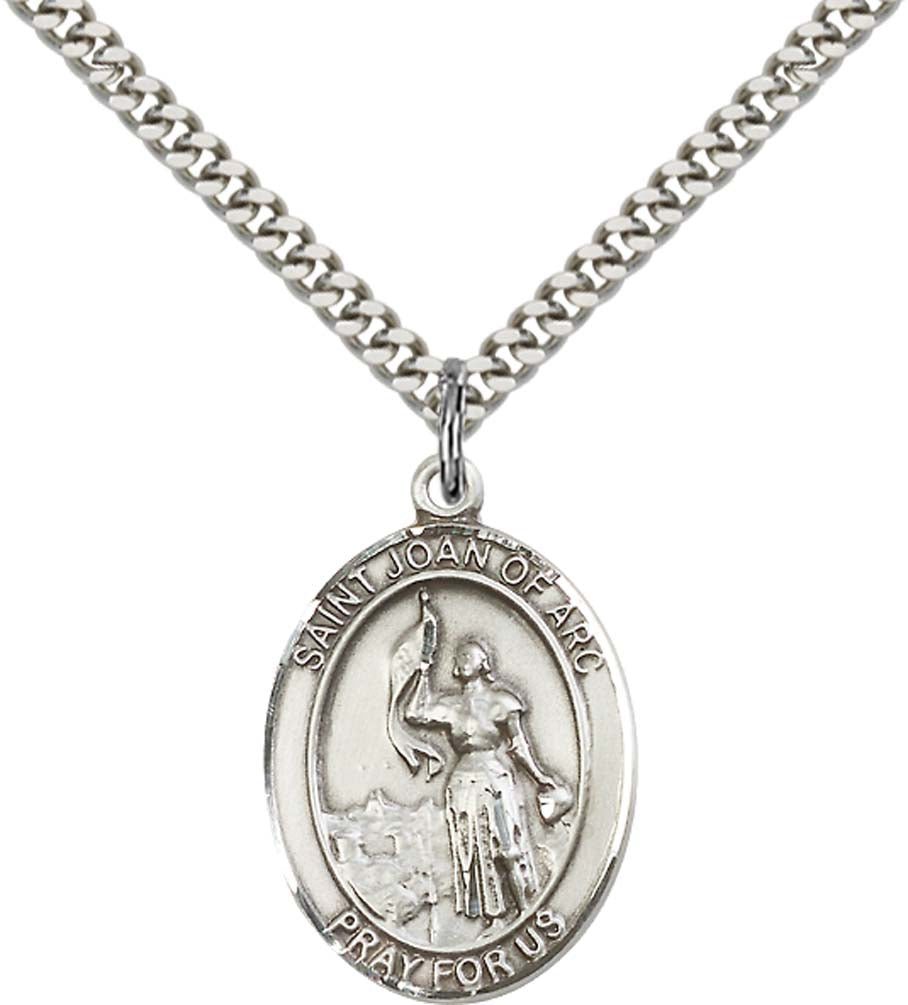 Sterling Silver St. Joan of Arc Pendant with 24 Inch Light Rhodium Heavy Curb Chain