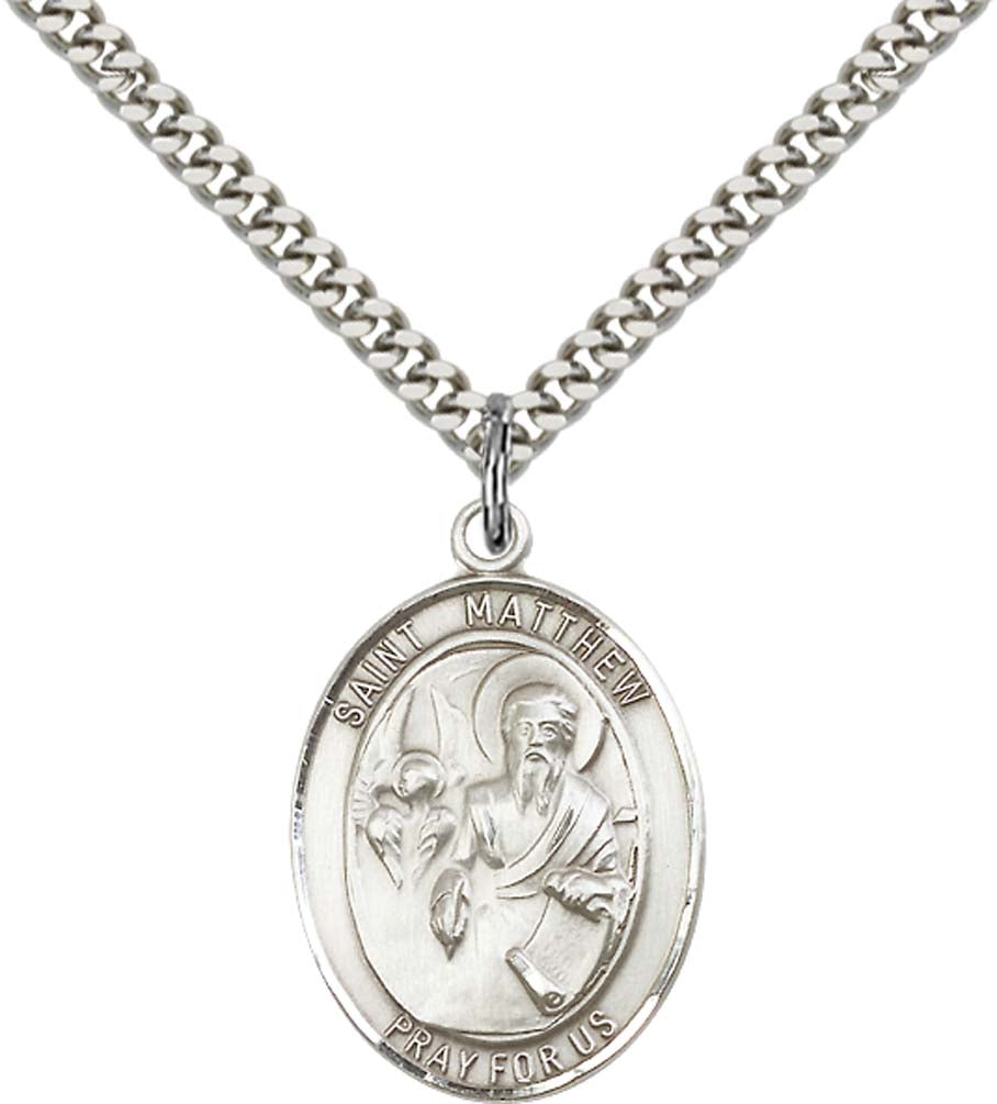 Sterling Silver St. Matthew the Apostle Pendant with 24 Inch Light Rhodium Heavy Curb Chain