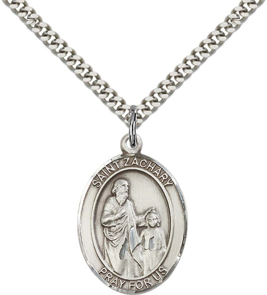 Sterling Silver St. Zachary Pendant with 24 Inch Light Rhodium Heavy Curb Chain