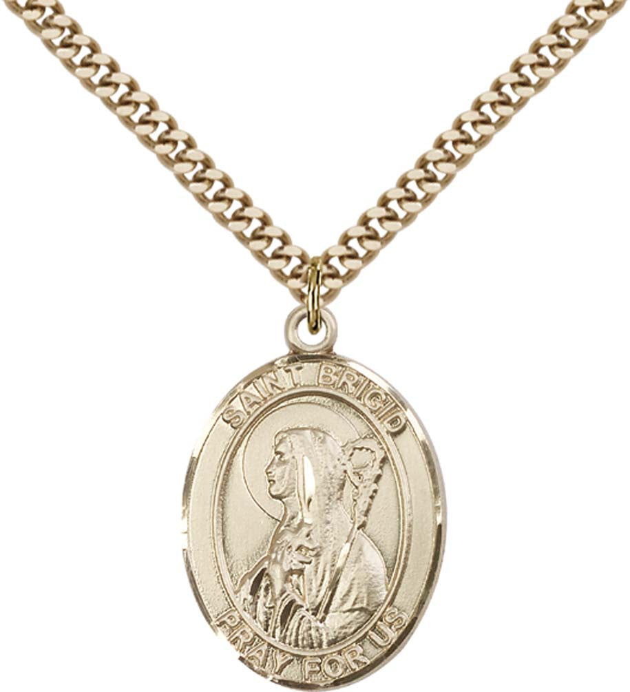14kt Gold Filled St. Brigid of Ireland Pendant with 24 inch Gold Plate Heavy Curb Chain