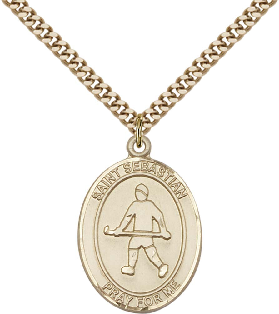 14kt Gold Filled St. Sebastian/Field Hockey Pendant with 24 inch Gold Plate Heavy Curb Chain