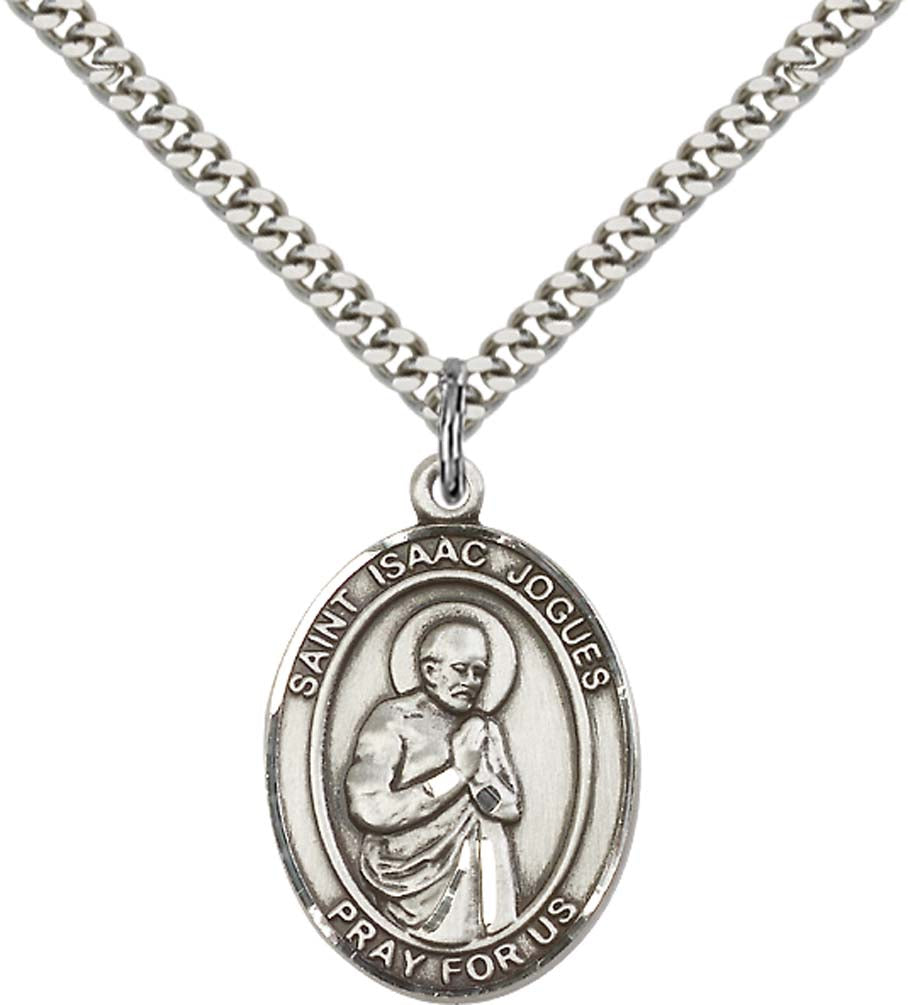 Sterling Silver St. Isaac Jogues Pendant with 24 Inch Light Rhodium Heavy Curb Chain