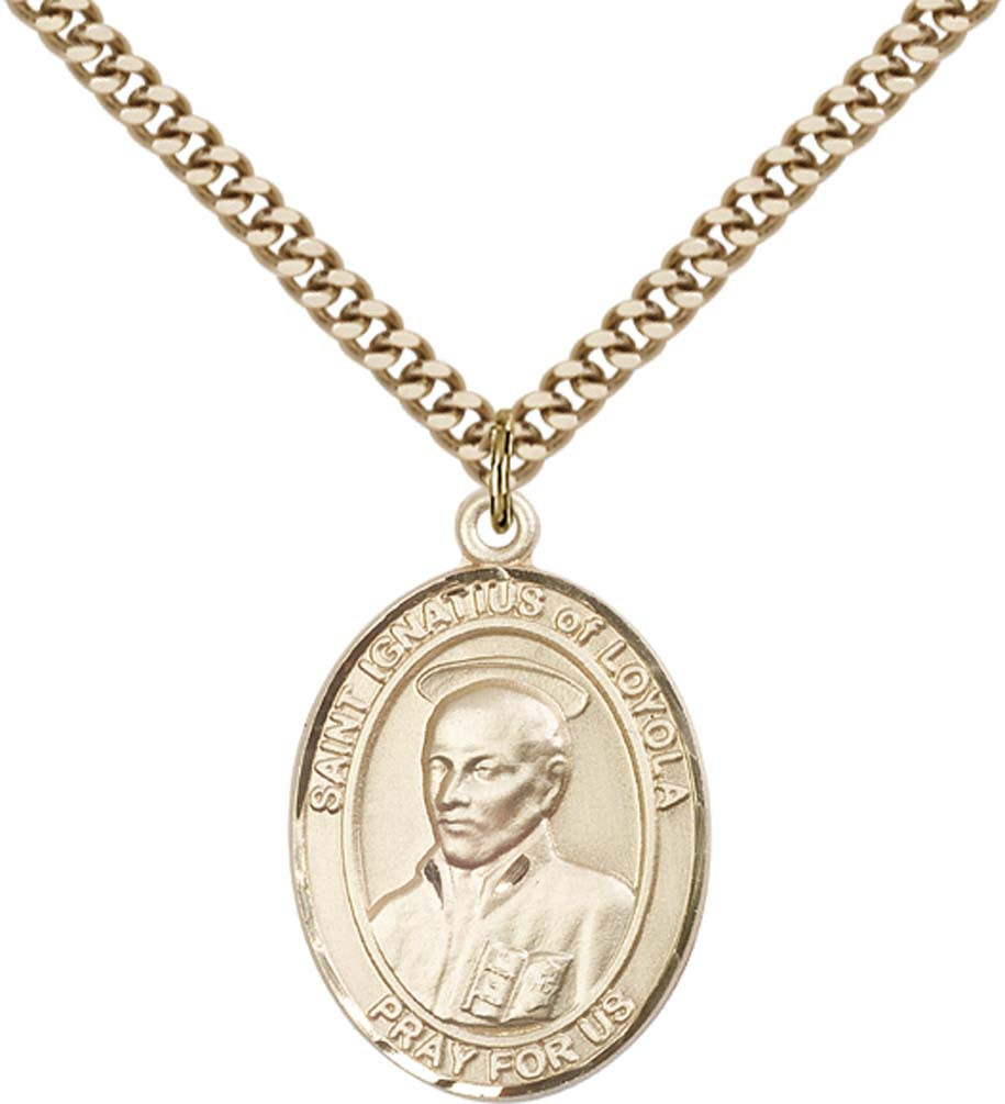 14kt Gold Filled St. Ignatius of Loyola Pendant with 24 inch Gold Plate Heavy Curb Chain