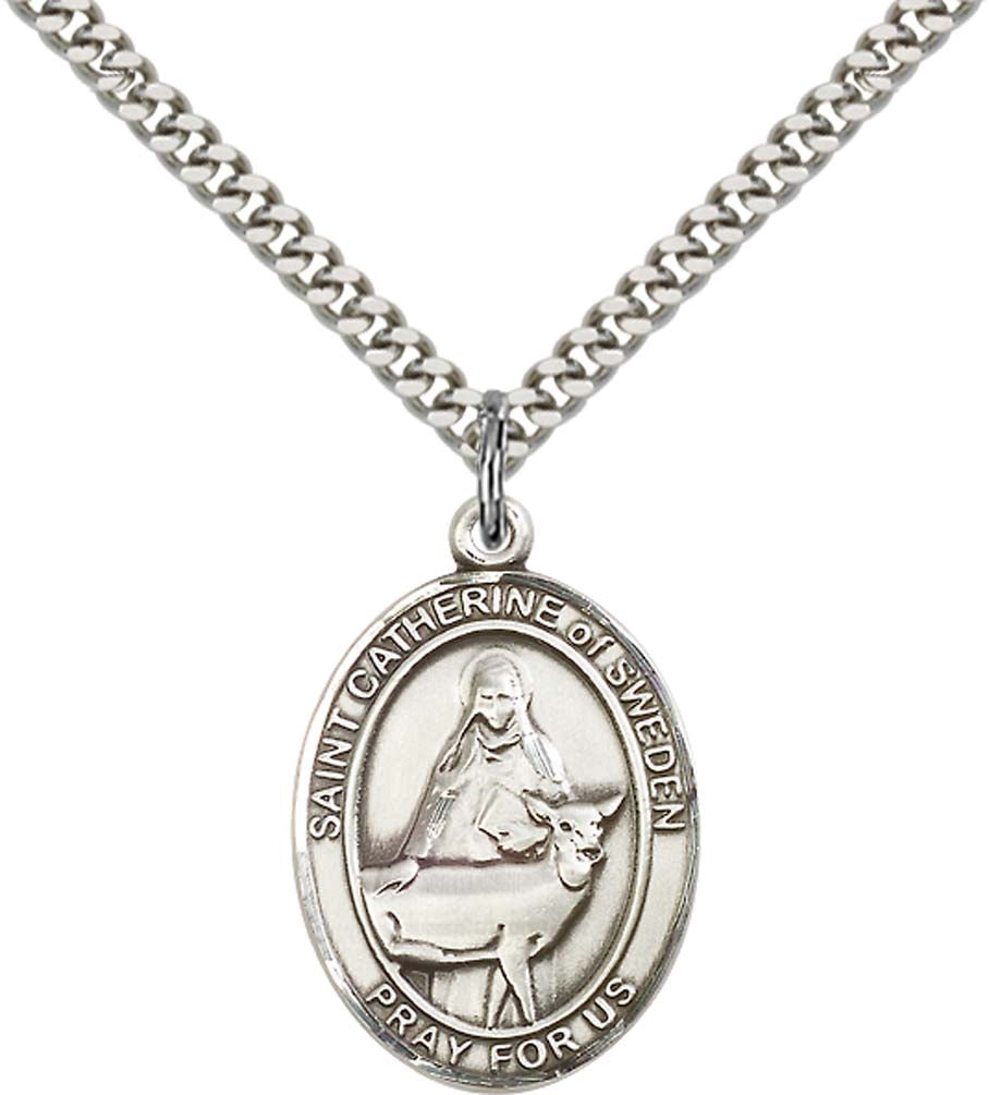 Sterling Silver St. Catherine of Sweden Pendant with 24 Inch Light Rhodium Heavy Curb Chain