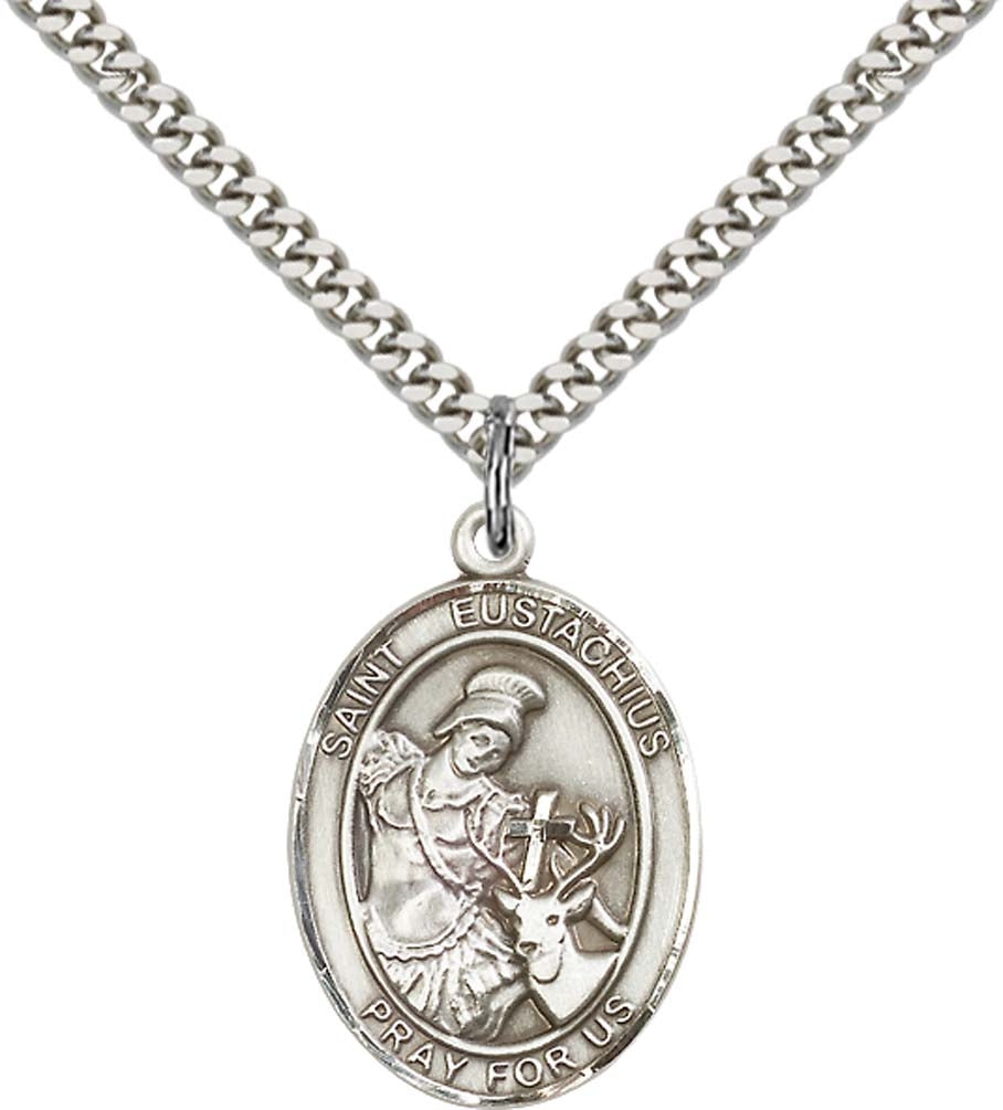 Sterling Silver St. Eustachius Pendant with 24 Inch Light Rhodium Heavy Curb Chain