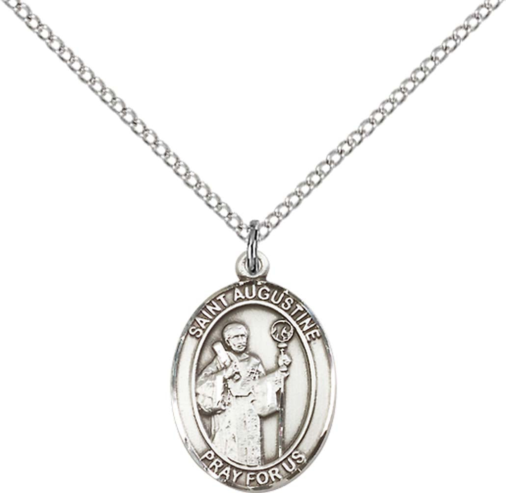 Sterling Silver St. Augustine Pendant with 18 inch Sterling Silver Light Curb Chain - Medium