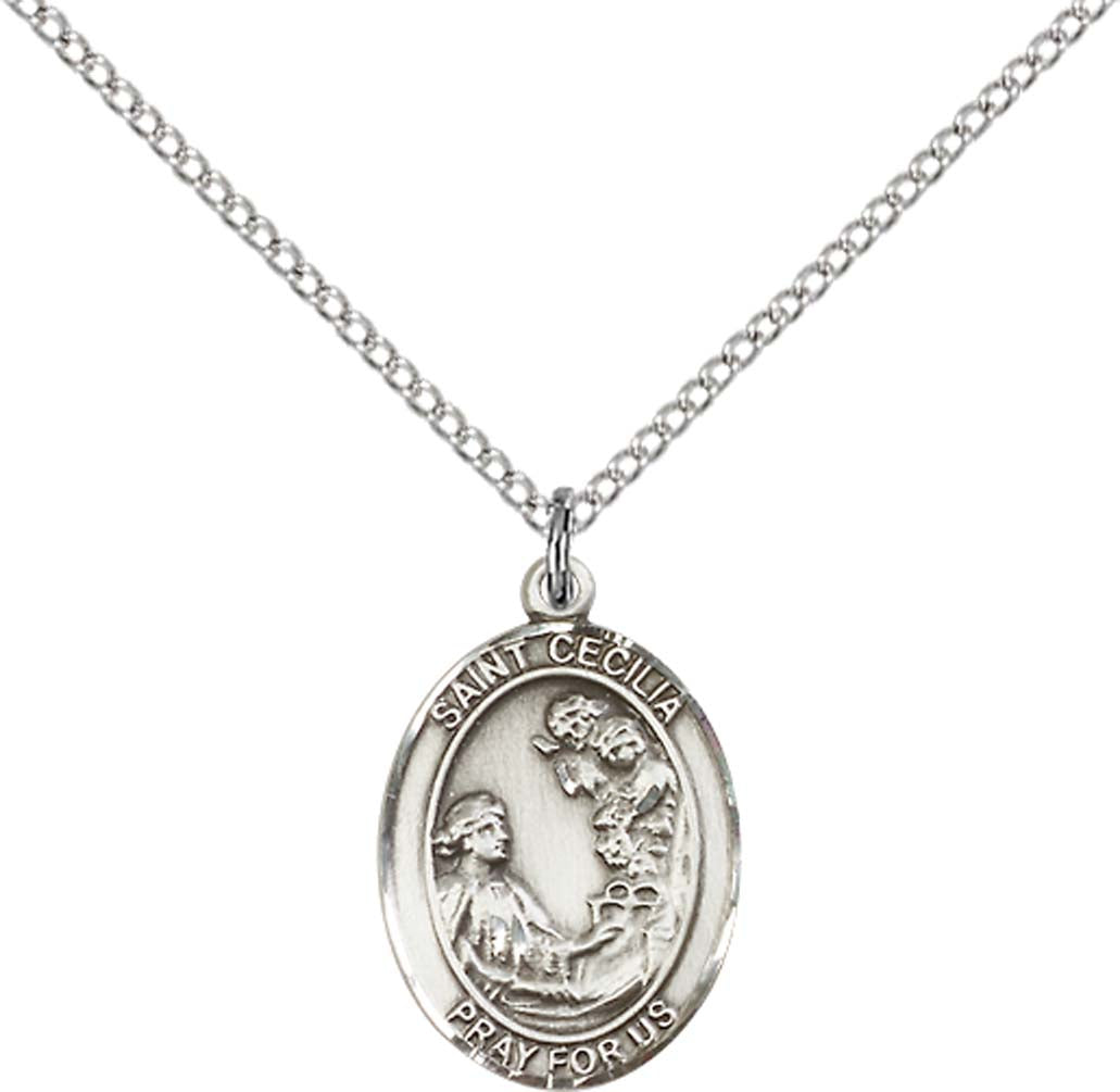 Sterling Silver St. Cecilia Pendant with 18 inch Sterling Silver Light Curb Chain - Medium