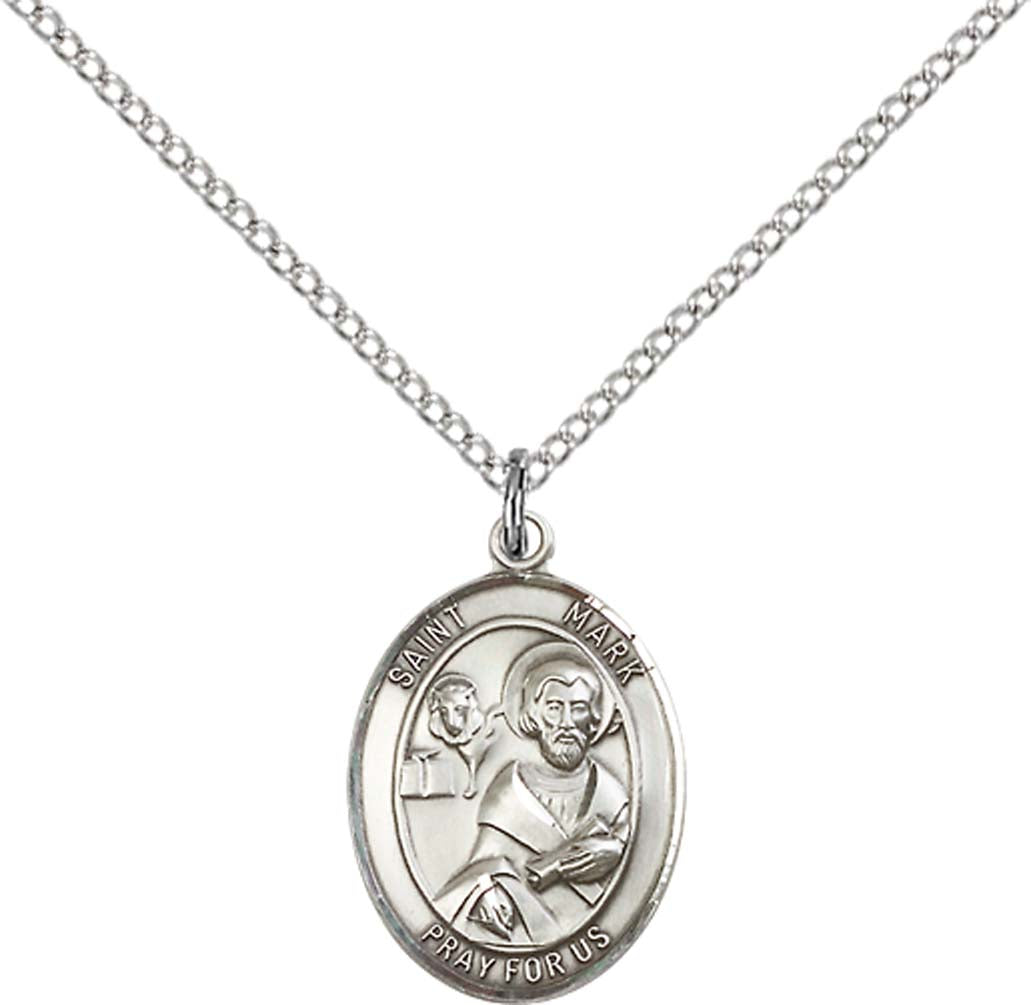Sterling Silver St. Mark the Evangelist Pendant with 18 inch Sterling Silver Light Curb Chain - Medium