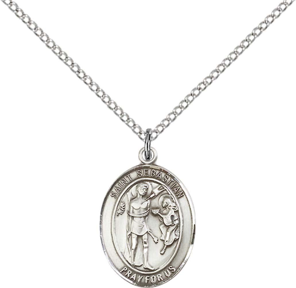 Sterling Silver St. Sebastian Pendant with 18 inch Sterling Silver Light Curb Chain - Medium