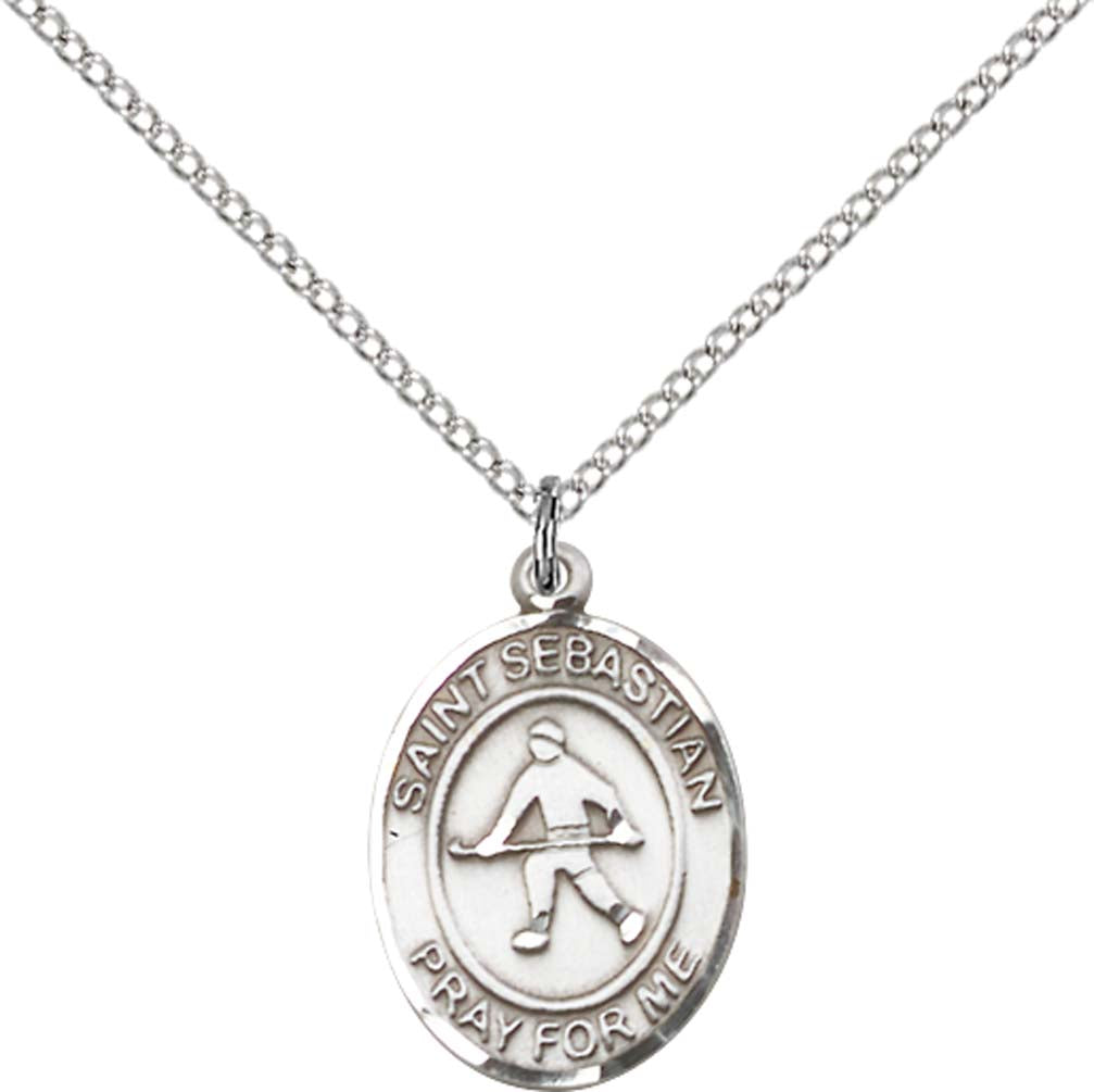 Sterling Silver St. Sebastian/Field Hockey Pendant with 18 inch Sterling Silver Light Curb Chain