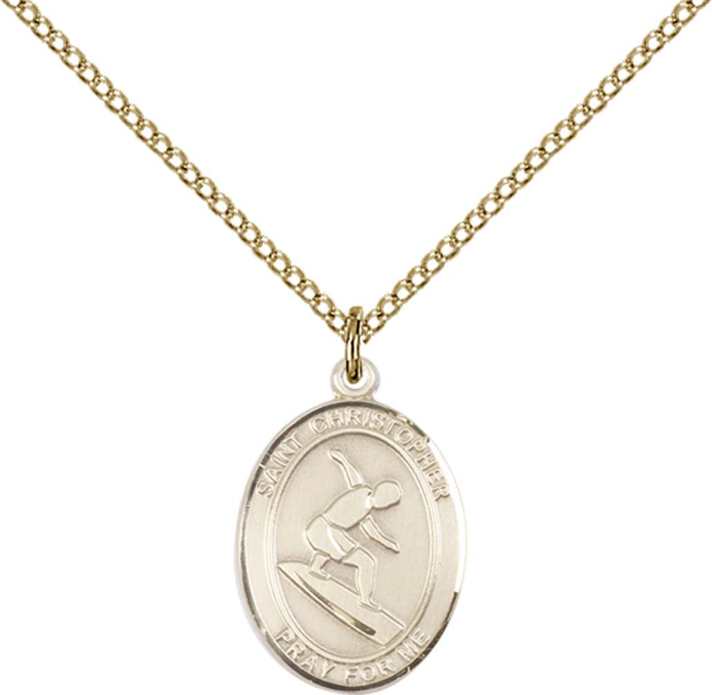 14kt Gold Filled St. Christopher/Surfing Pendant with 18 inch Gold Filled Light Curb Chain