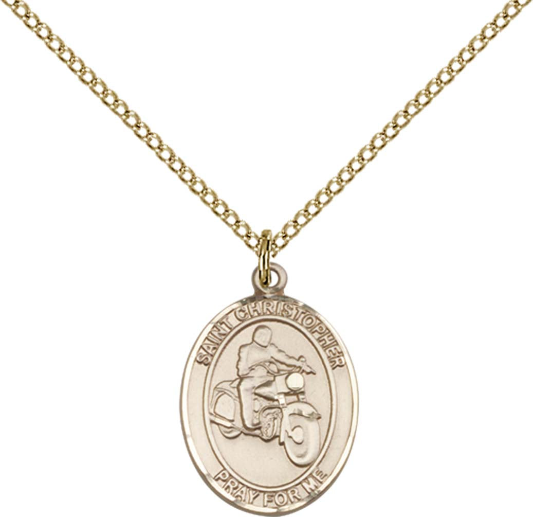 14kt Gold Filled St. Christopher/Motorcycle Pendant with 18 inch Gold Filled Light Curb Chain