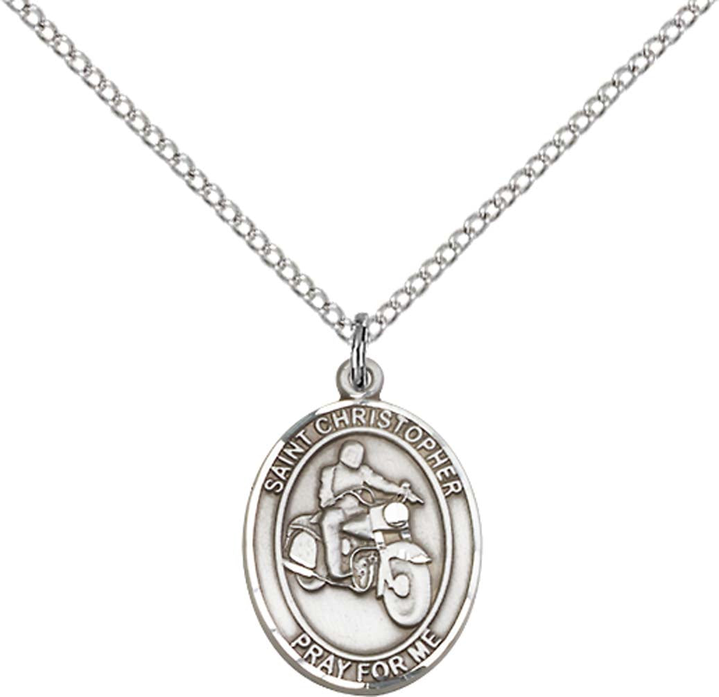 Sterling Silver St. Christopher/Motorcycle Pendant with 18 inch Sterling Silver Light Curb Chain