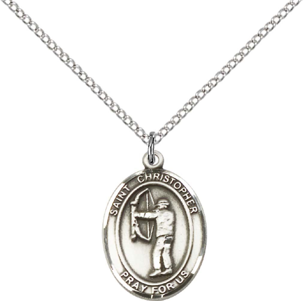 Sterling Silver St. Christopher/Archery Pendant with 18 inch Sterling Silver Light Curb Chain