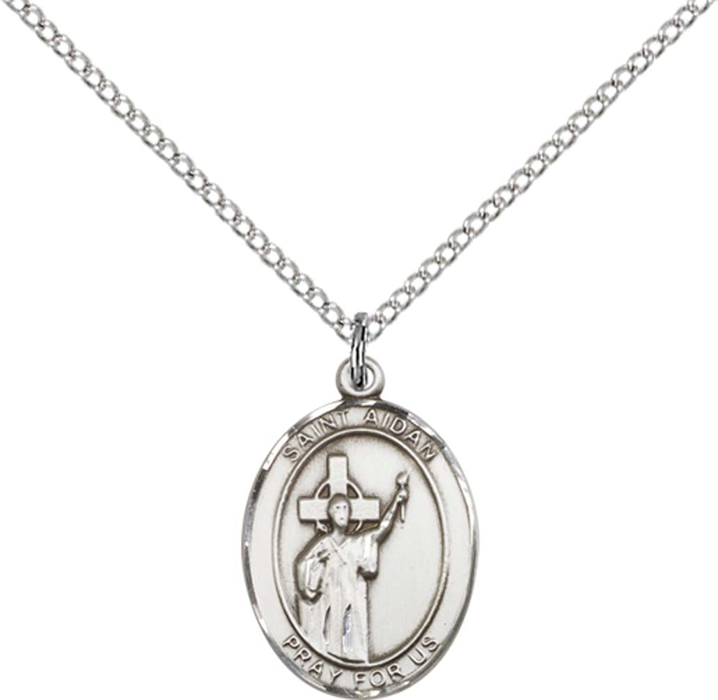 Sterling Silver St. Aidan Of Lindesfarne Pendant with 18 inch Sterling Silver Light Curb Chain - Medium
