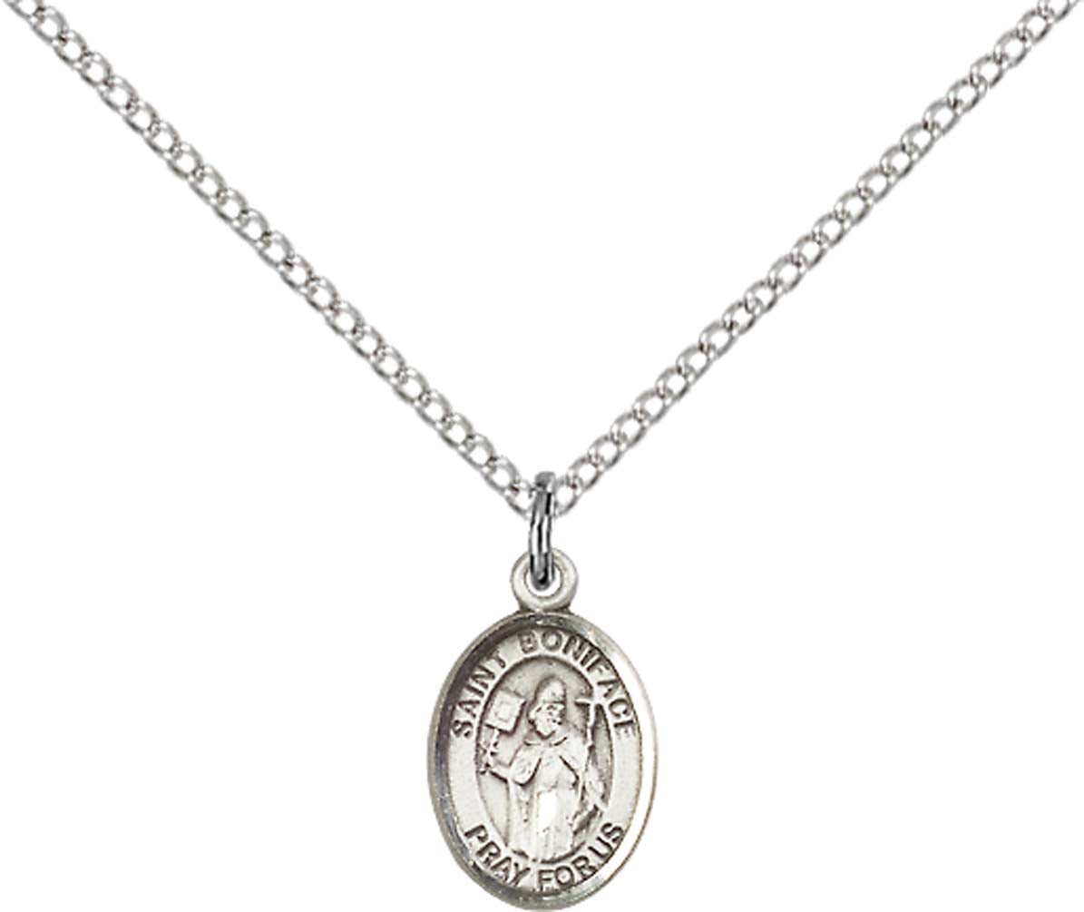 Sterling Silver St. Boniface Pendant with 18 inch Sterling Silver Light Curb Chain - Small