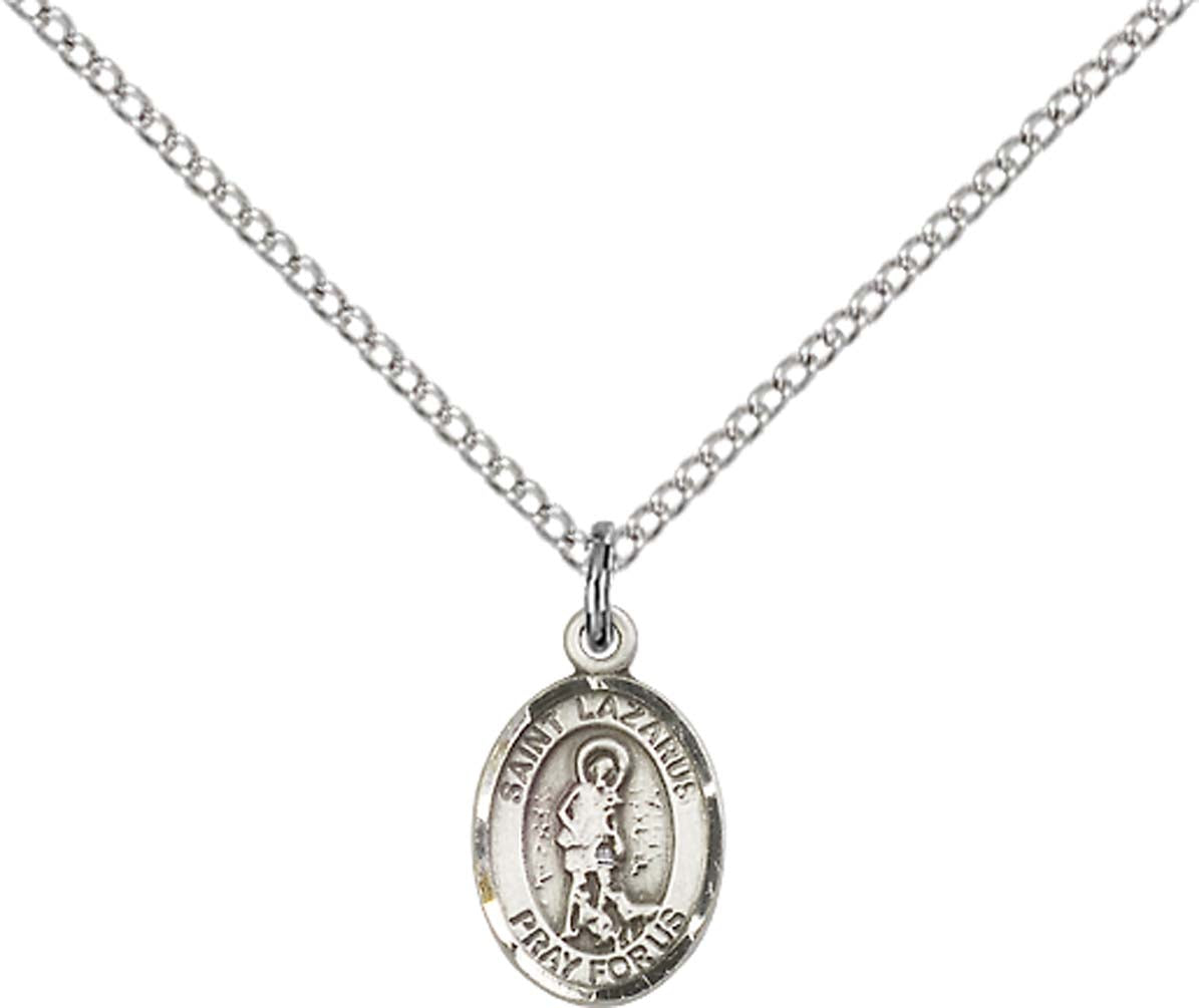 Sterling Silver St. Lazarus Pendant with 18 inch Sterling Silver Light Curb Chain - Small