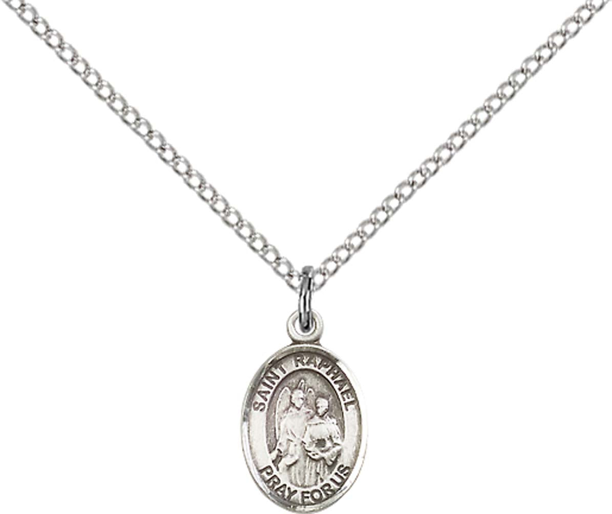 Sterling Silver St. Raphael the Archangel Pendant with 18 inch Sterling Silver Light Curb Chain - Small