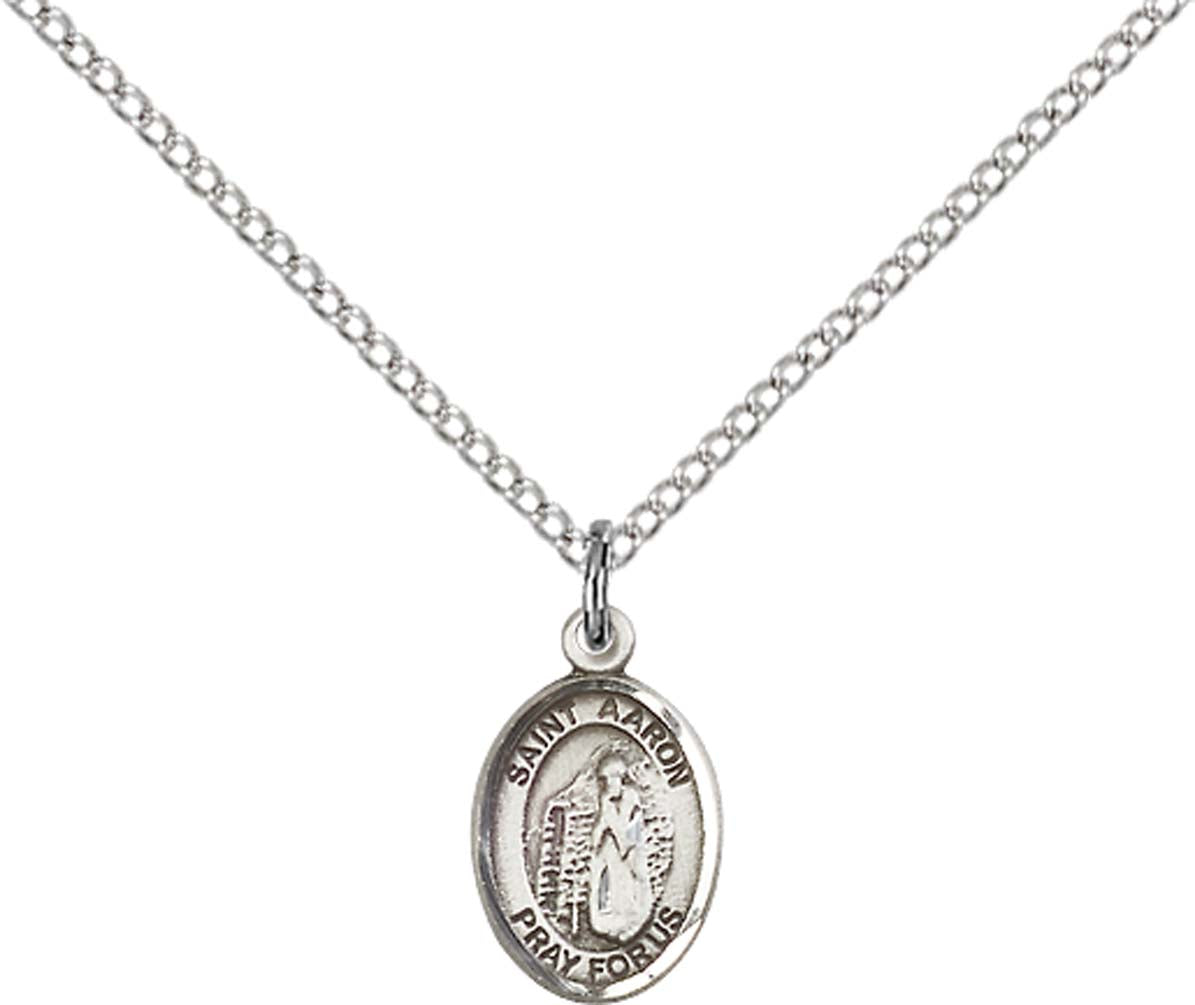 Sterling Silver St. Aaron Pendant with 18 inch Sterling Silver Light Curb Chain - Small
