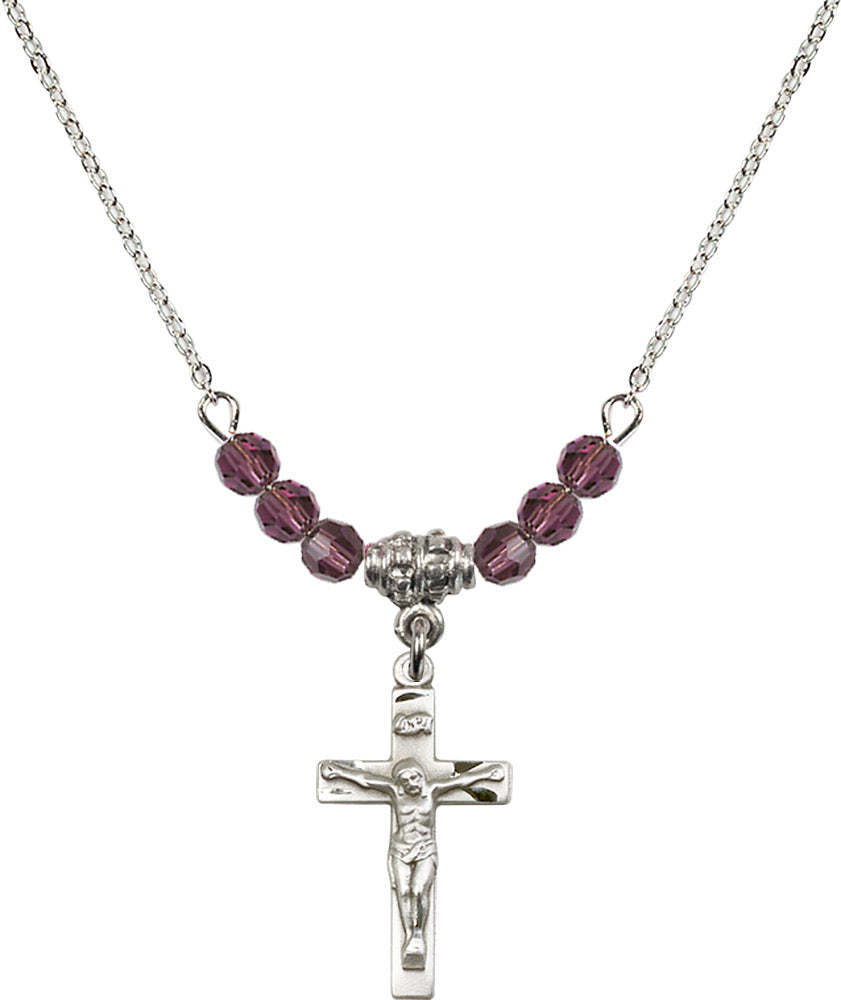 Sterling Silver Crucifix Birthstone Necklace with Amethyst Beads - 0001