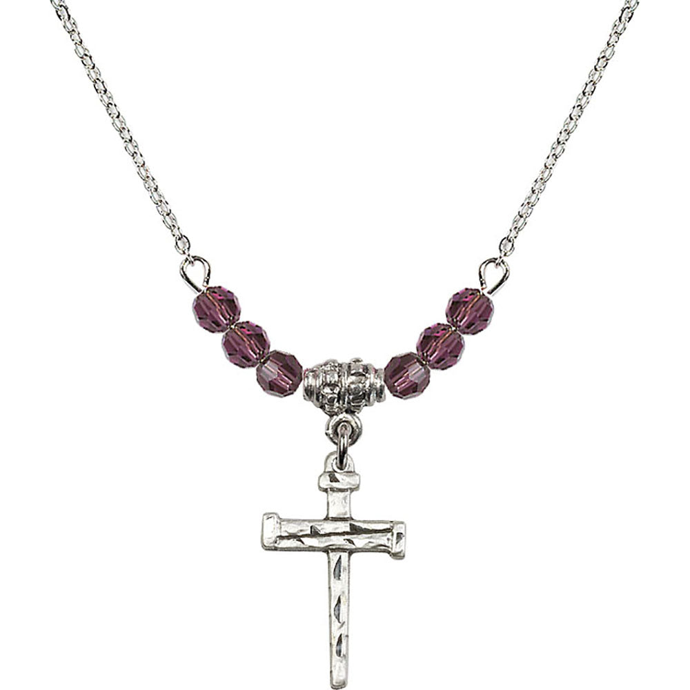Sterling Silver Nail Cross Birthstone Necklace with Amethyst Beads - 0012
