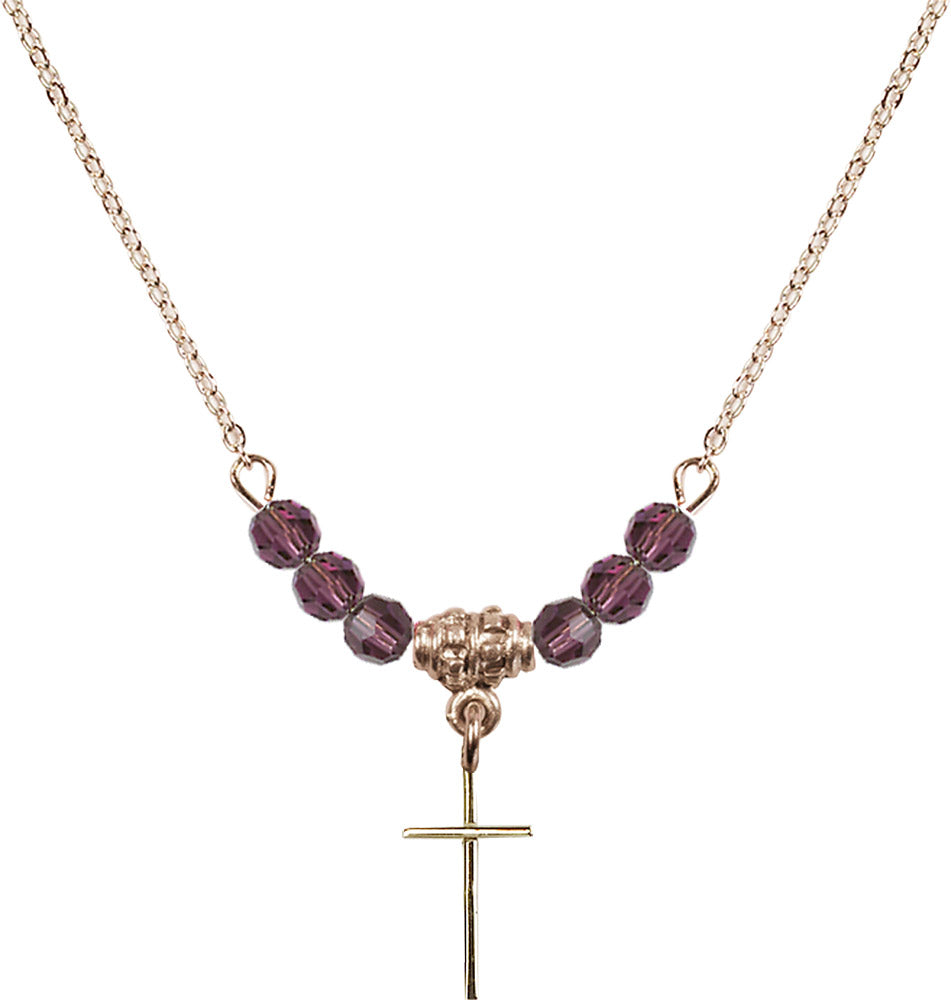 14kt Gold Filled Cross Birthstone Necklace with Amethyst Beads - 0014