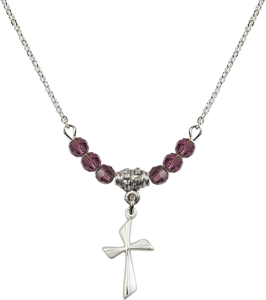 Sterling Silver Cross Birthstone Necklace with Amethyst Beads - 0016