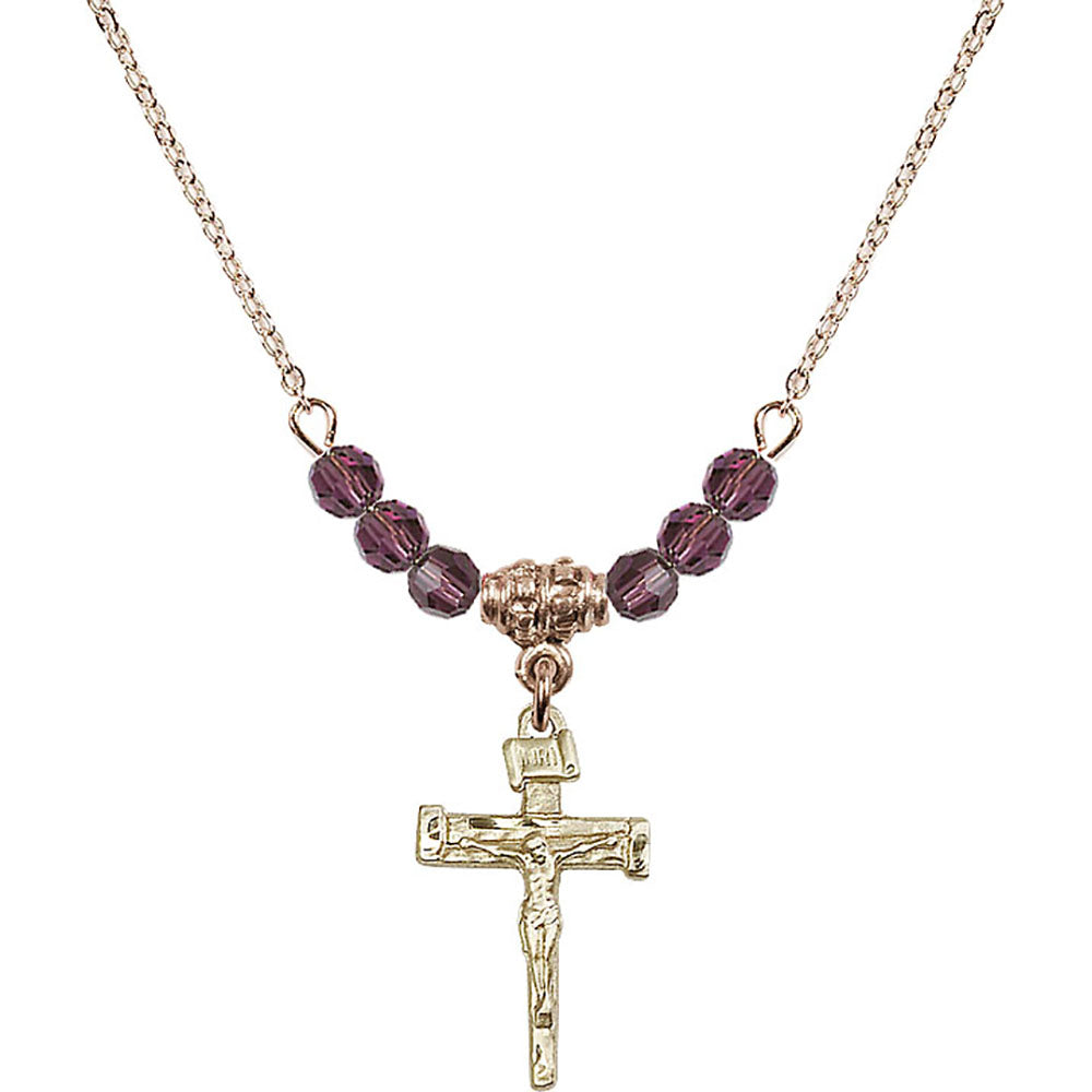 14kt Gold Filled Nail Crucifix Birthstone Necklace with Amethyst Beads - 0072