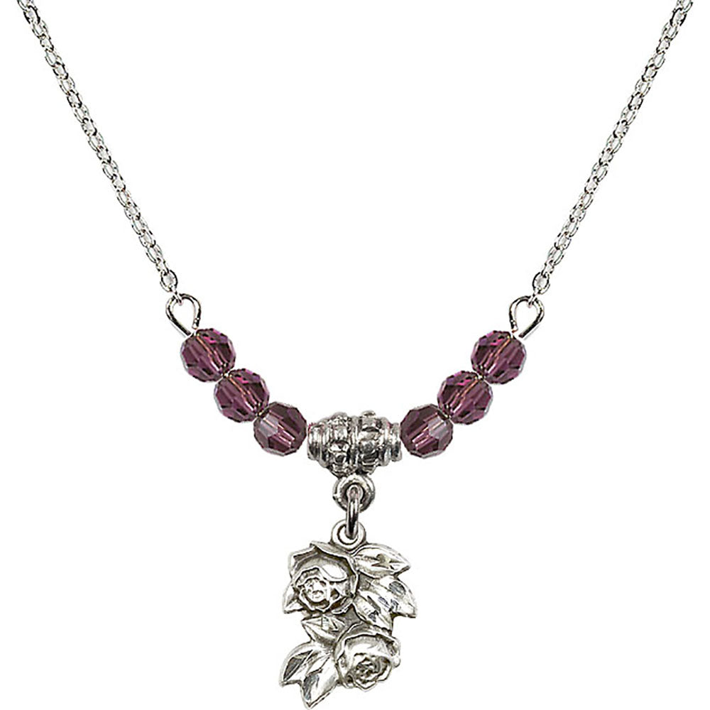 Sterling Silver Rose Birthstone Necklace with Amethyst Beads - 0204