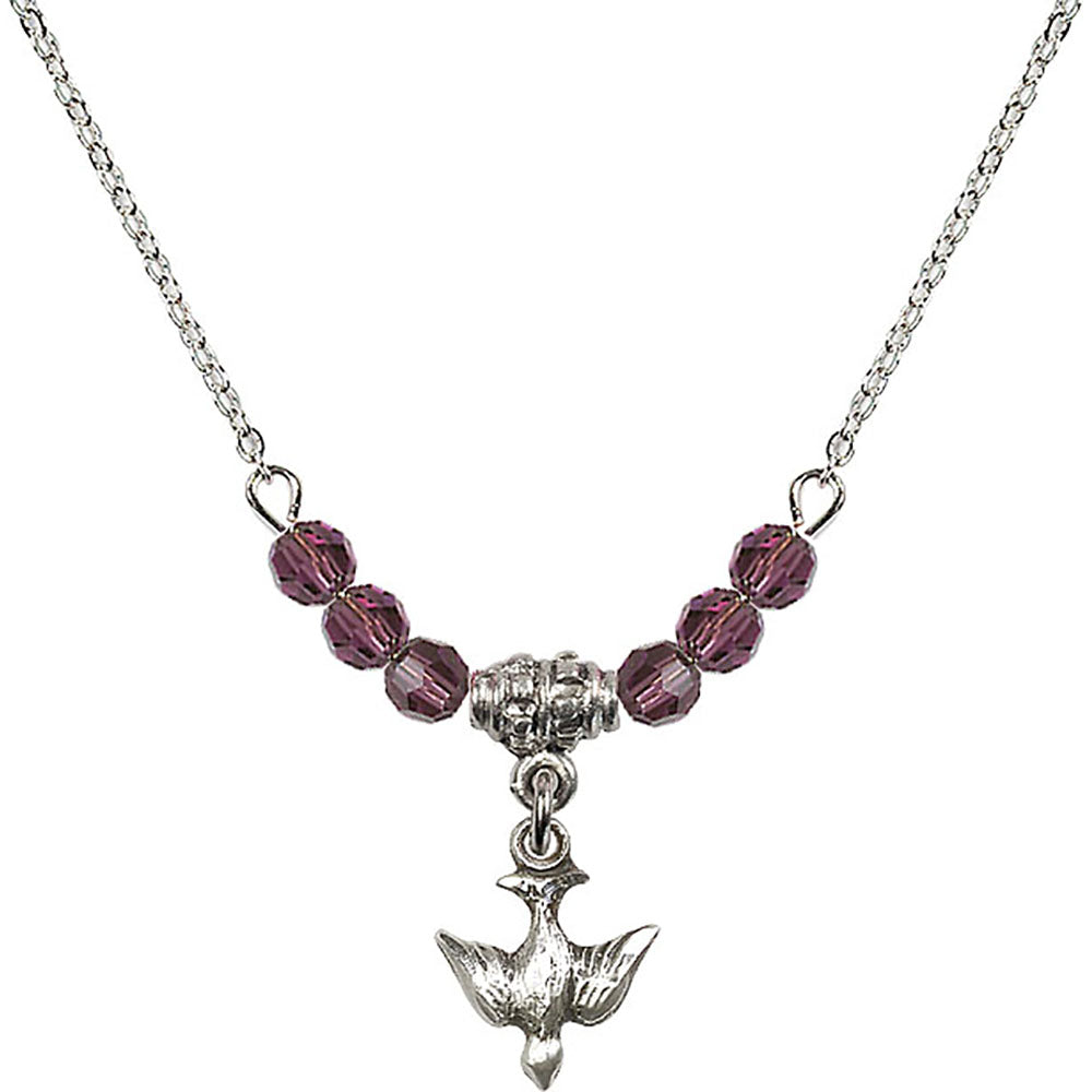 Sterling Silver Holy Spirit Birthstone Necklace with Amethyst Beads - 0208