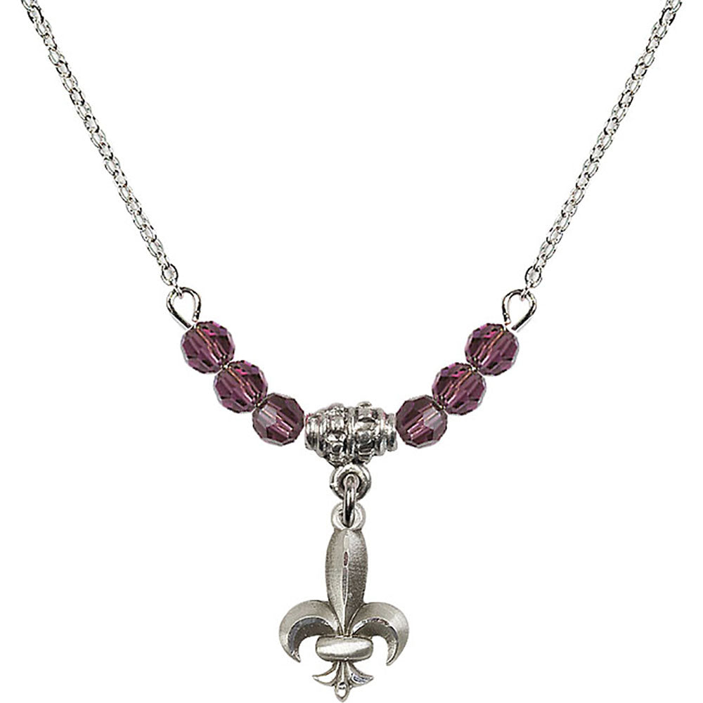 Sterling Silver Fleur de Lis Birthstone Necklace with Amethyst Beads - 0293
