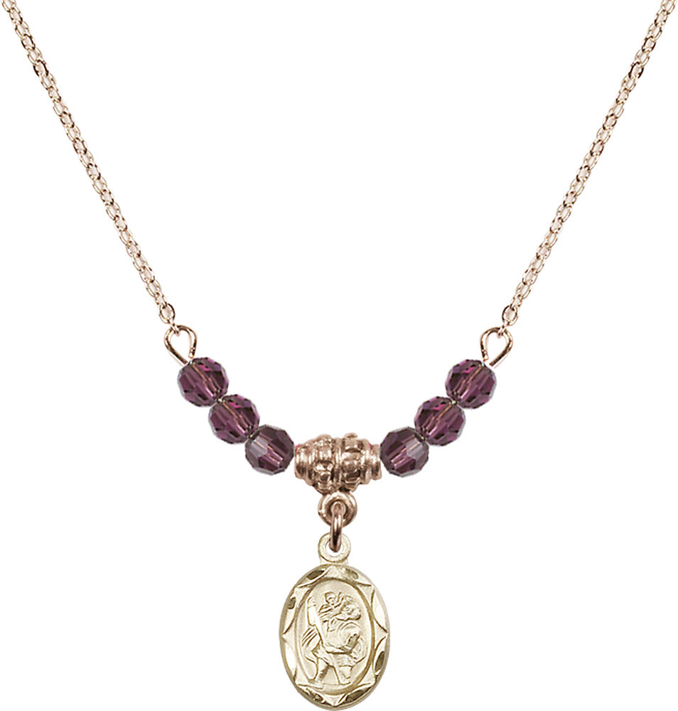 14kt Gold Filled Saint Christopher Birthstone Necklace with Amethyst Beads - 0301