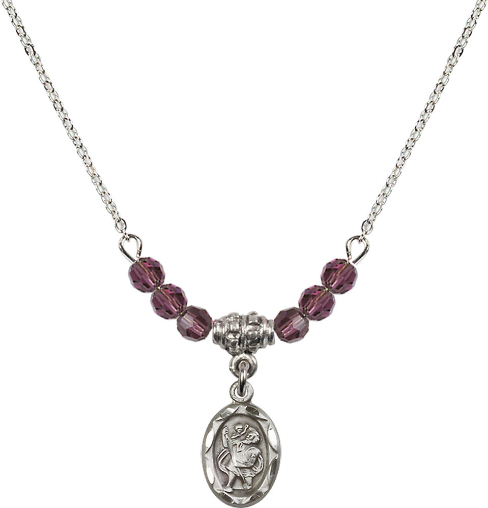 Sterling Silver Saint Christopher Birthstone Necklace with Amethyst Beads - 0301