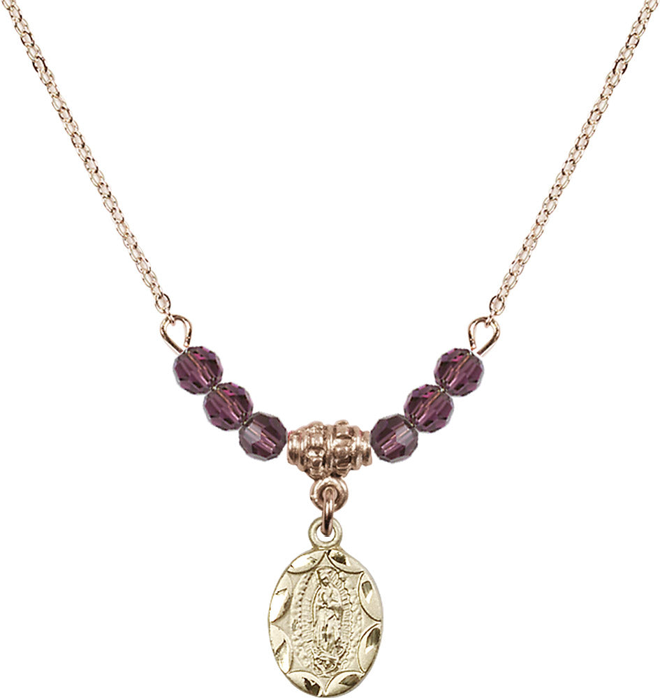 14kt Gold Filled Our Lady of Guadalupe Birthstone Necklace with Amethyst Beads - 0301
