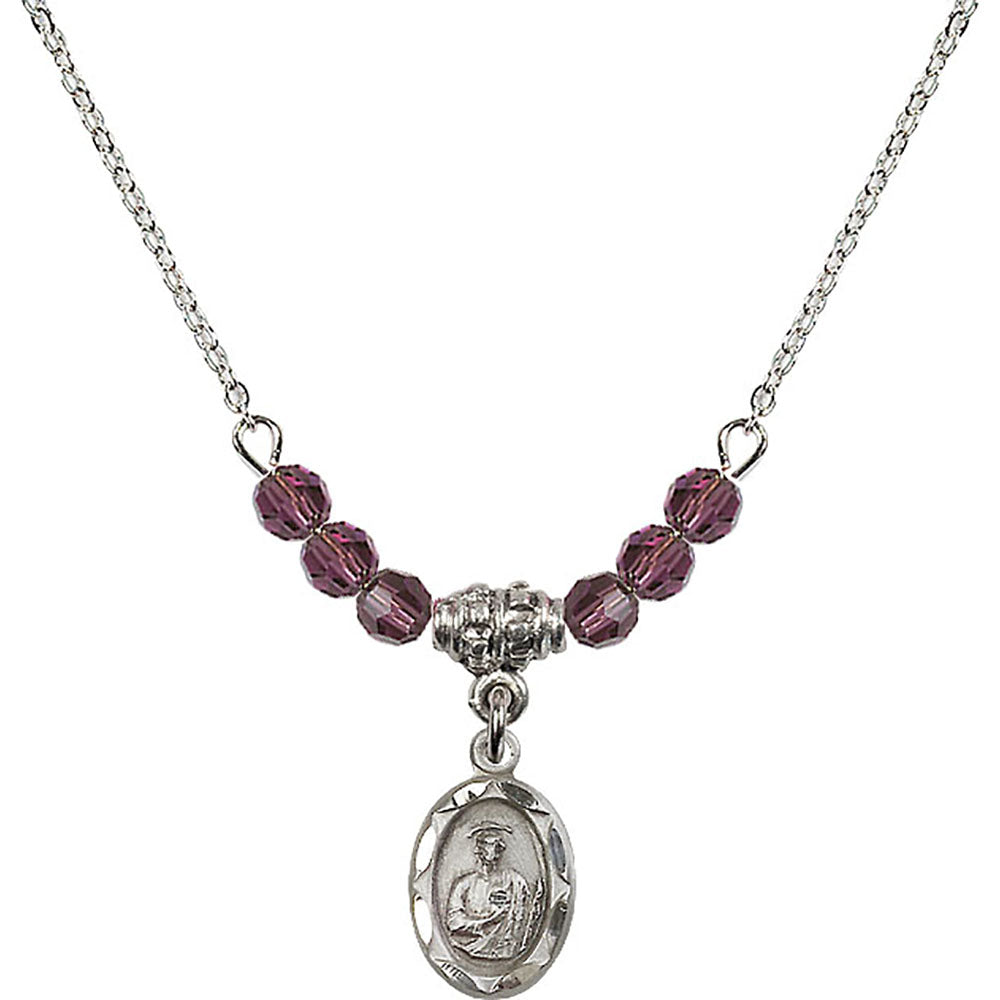 Sterling Silver Saint Jude Birthstone Necklace with Amethyst Beads - 0301