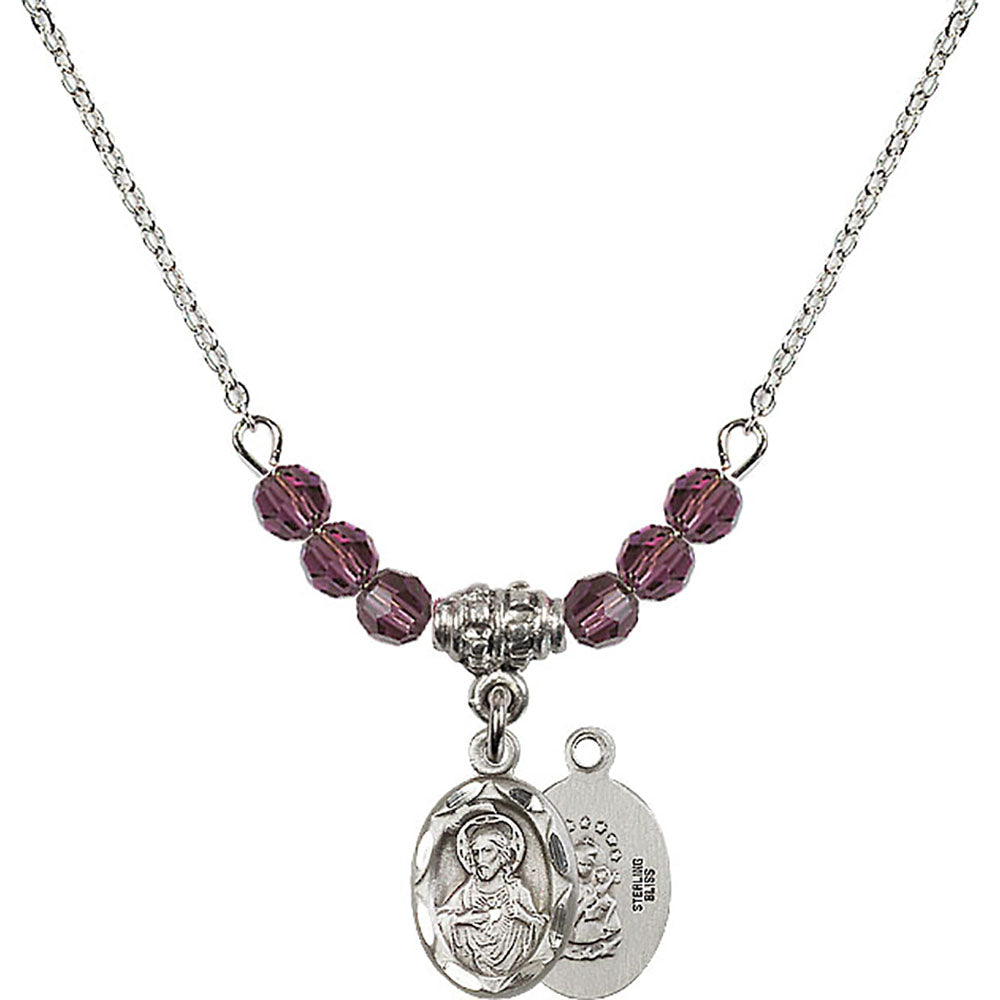 Sterling Silver Scapular Birthstone Necklace with Amethyst Beads - 0301
