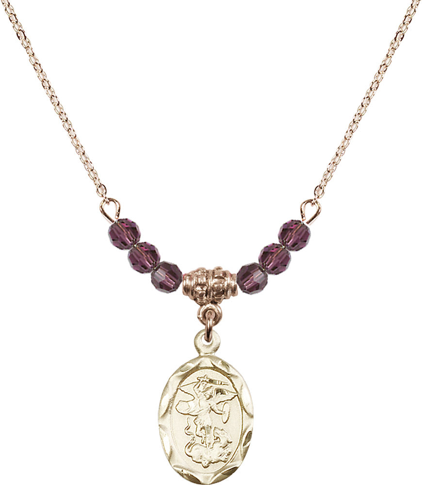 14kt Gold Filled Saint Michael the Archangel Birthstone Necklace with Amethyst Beads - 0612
