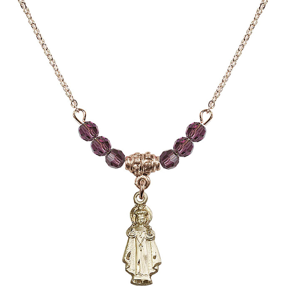 14kt Gold Filled Infant of Prague Birthstone Necklace with Amethyst Beads - 0823