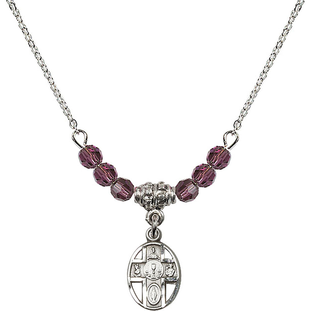 Sterling Silver 5-Way / Chalice Birthstone Necklace with Amethyst Beads - 0979