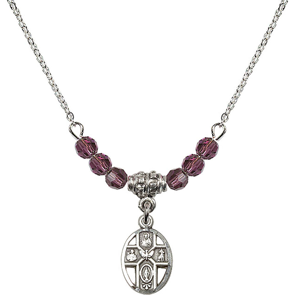 Sterling Silver 5-Way Birthstone Necklace with Amethyst Beads - 0980